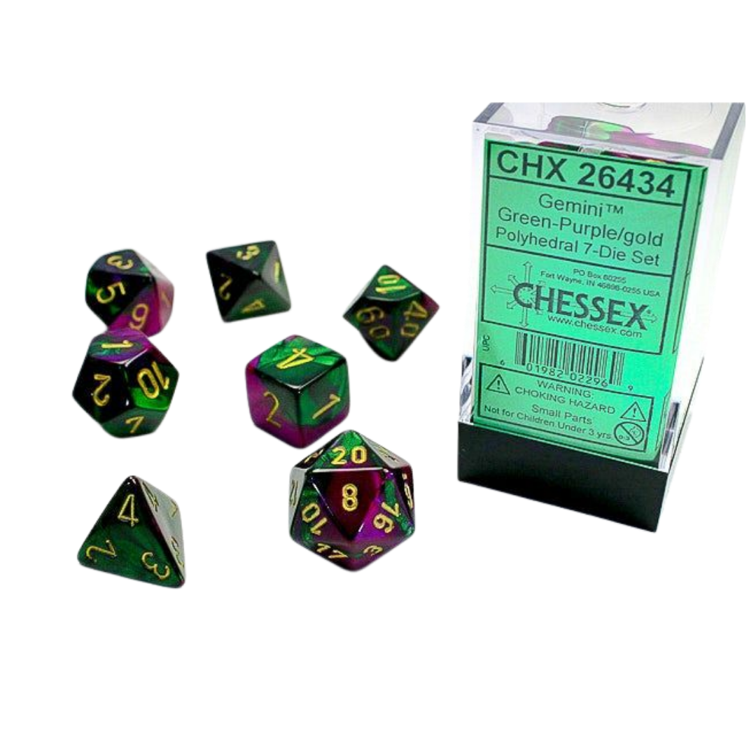 Chessex - 7PC - Gemini - Green-Purple/Gold Numbers