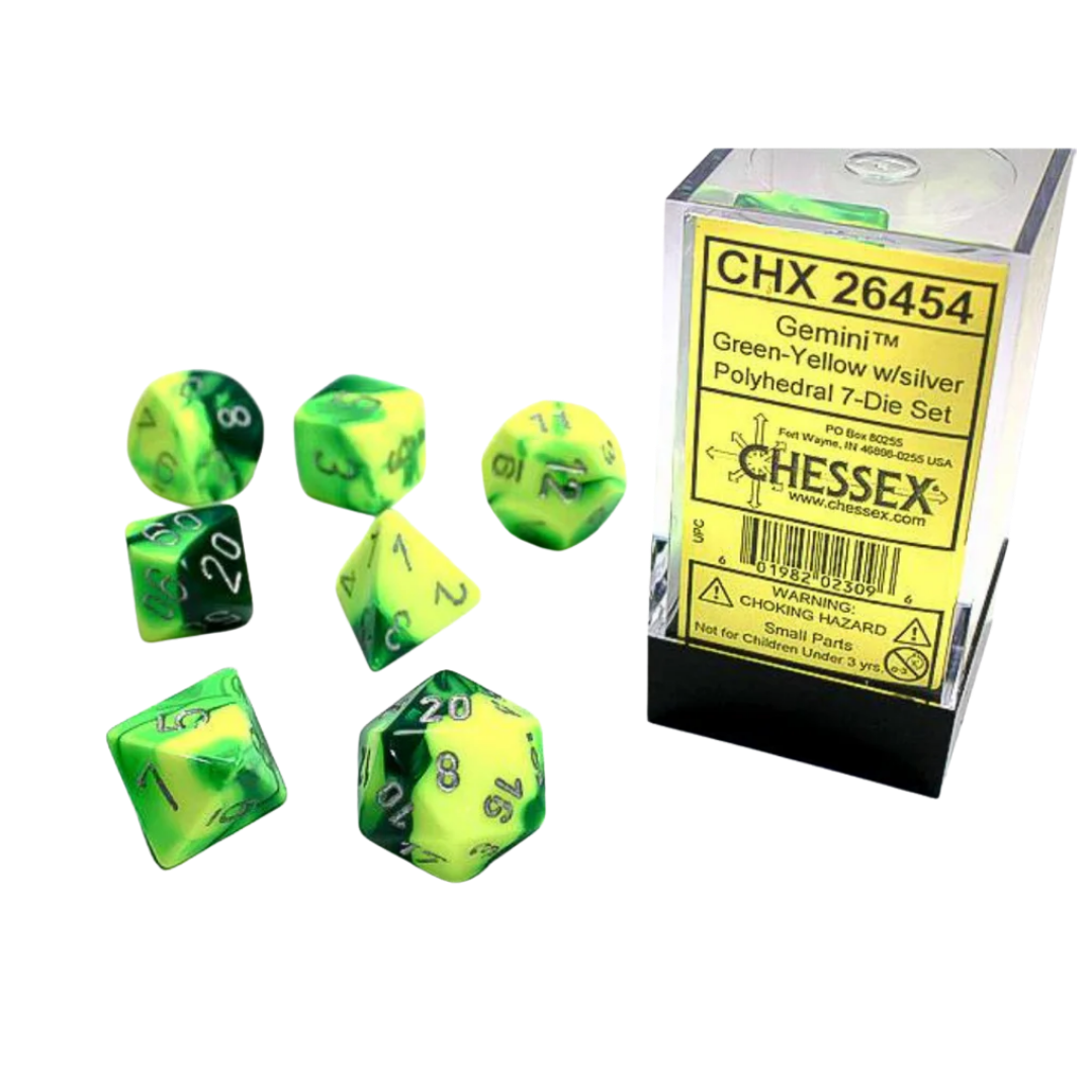 Chessex - 7PC - Gemini - Green-Yellow/Silver Numbers