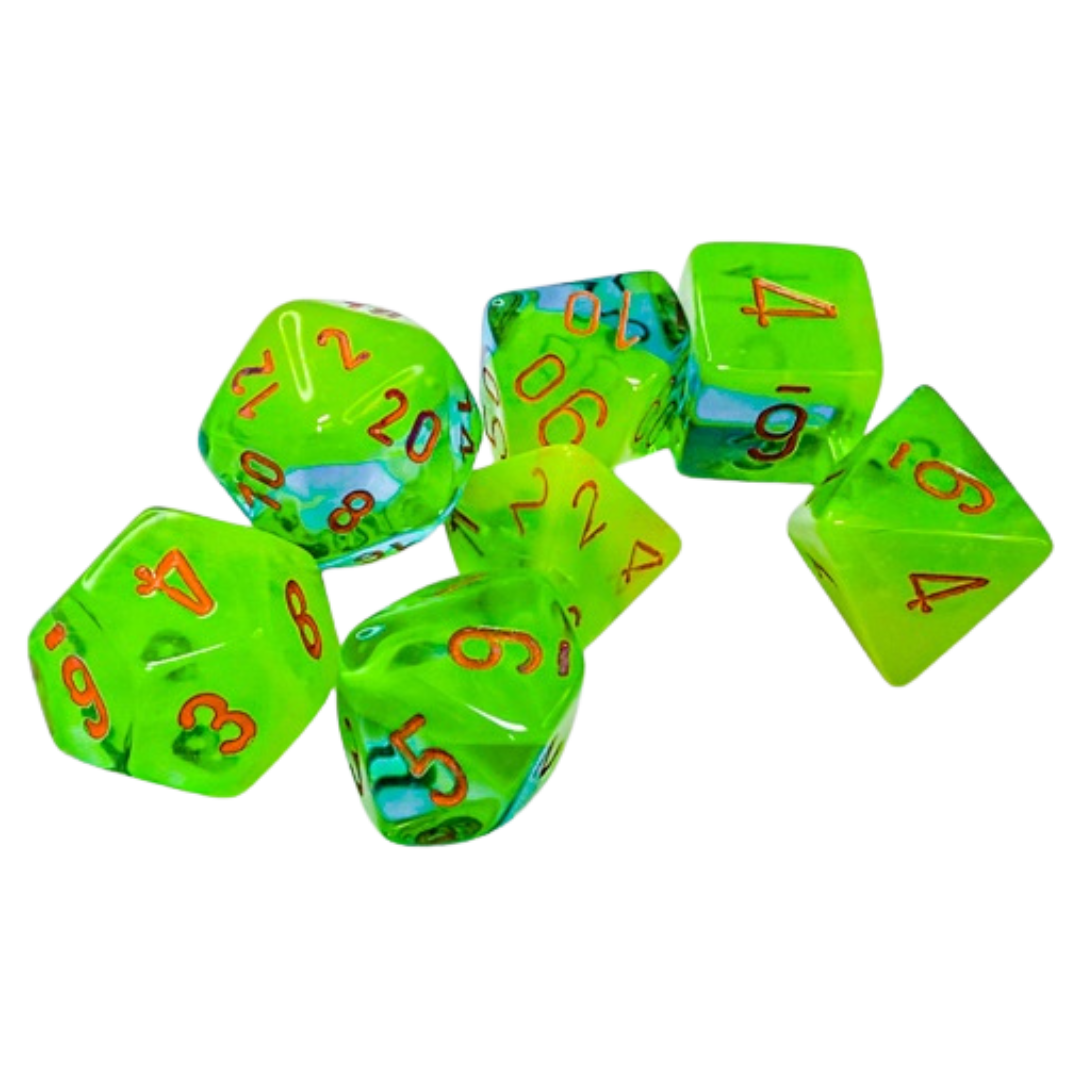 Chessex 7PC Gemini Plasma Green-Teal/Orange Pips dice set, vibrant polyhedral dice with dynamic color design and orange pips for RPG and tabletop games.