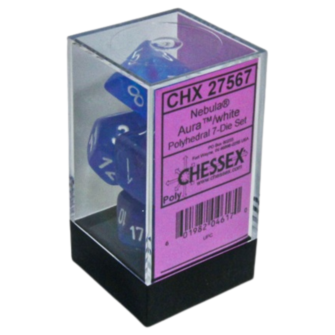 Chessex Nebula 7PC Aura Dice Set – Translucent blue polyhedral RPG dice with purple and pink swirls, white numbers, and Luminary glow effect