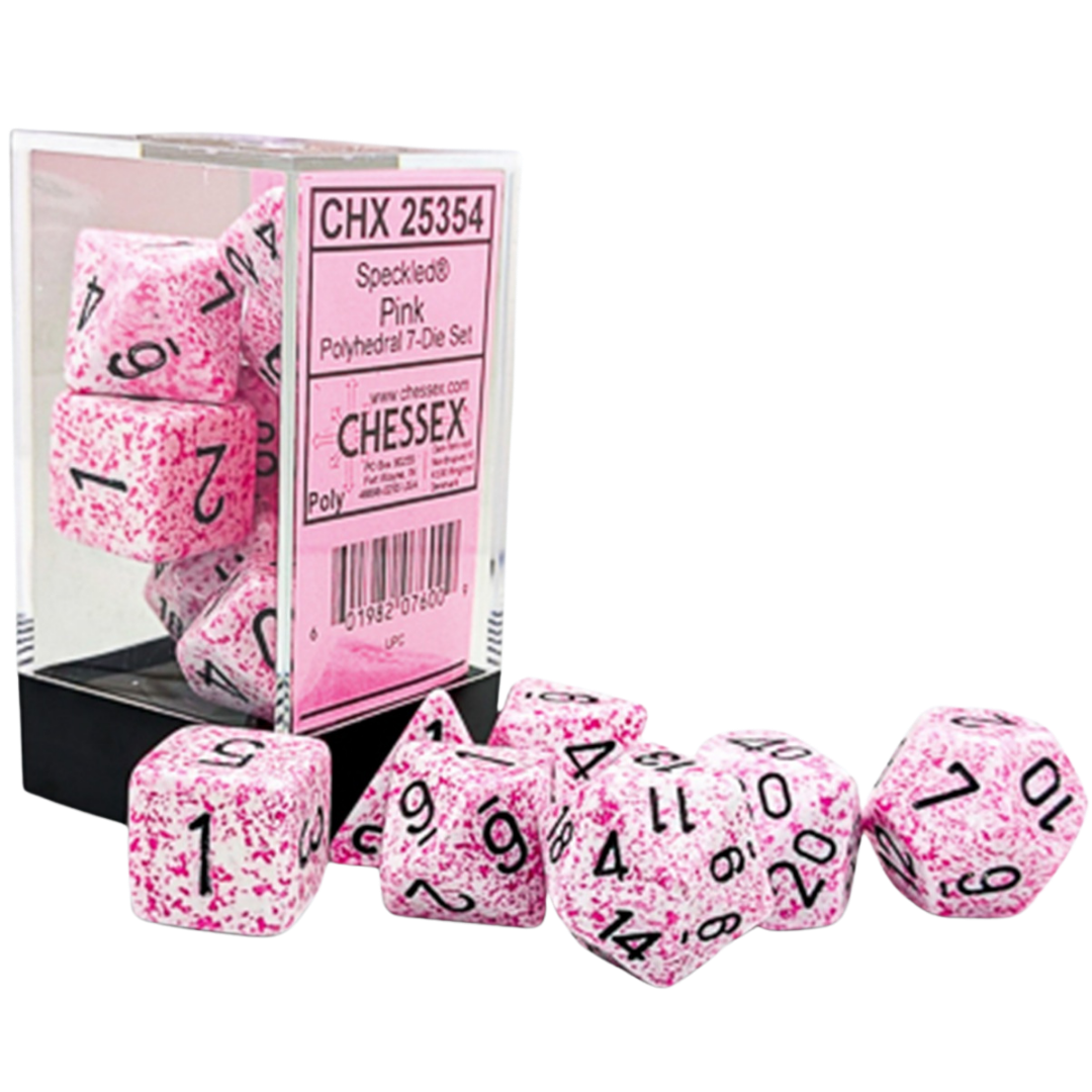 Chessex 7PC Speckled Pink polyhedral dice set with black pips for tabletop RPGs and board games
