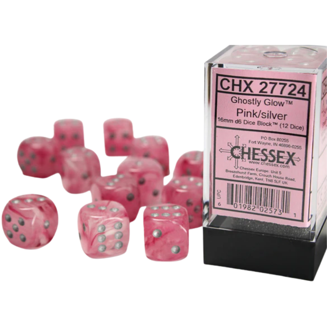 Chessex - 12D6 - Ghostly Glow - Pink/Silver Pips
