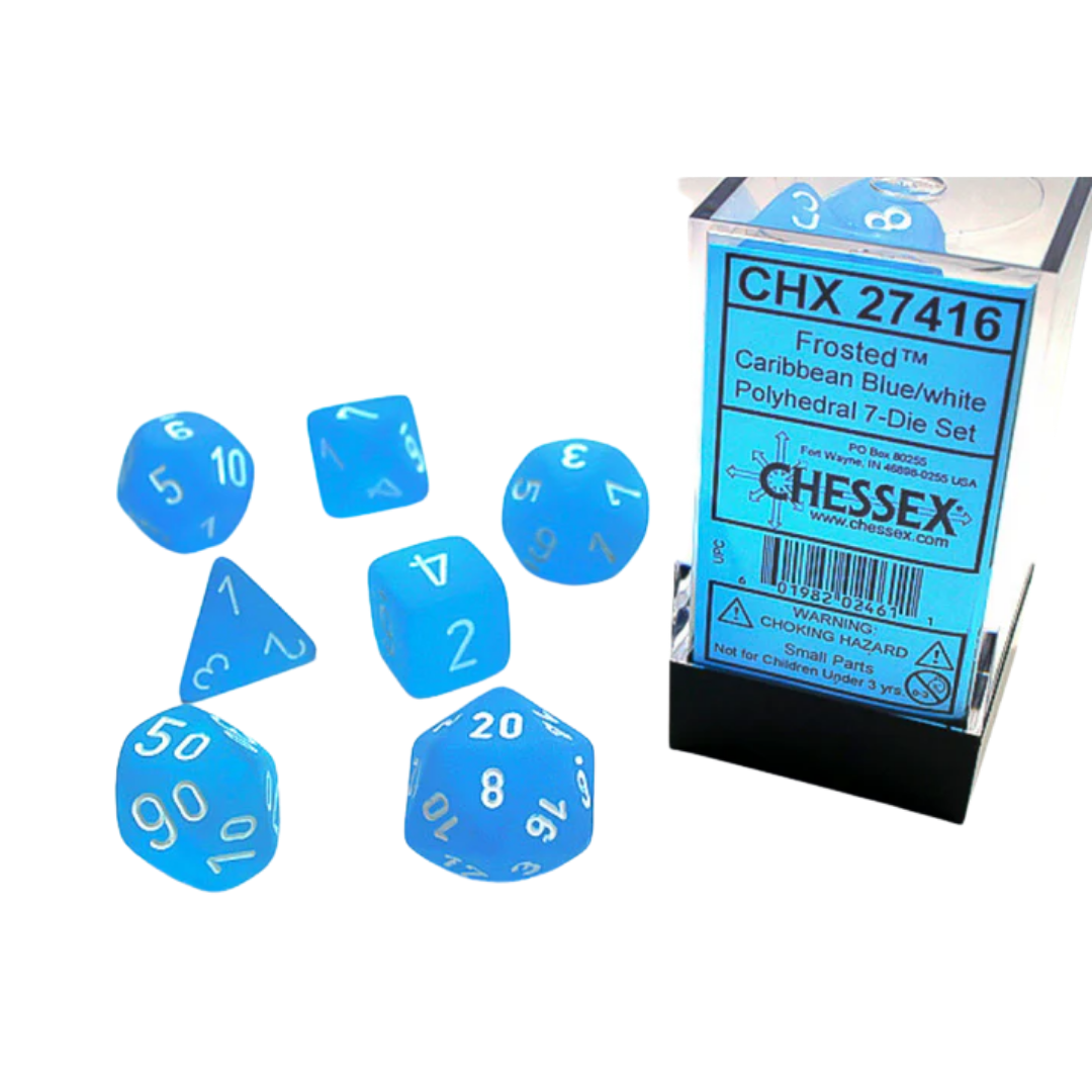 Chessex - 7PC - Frosted - Caribbean Blue/White Numbers
