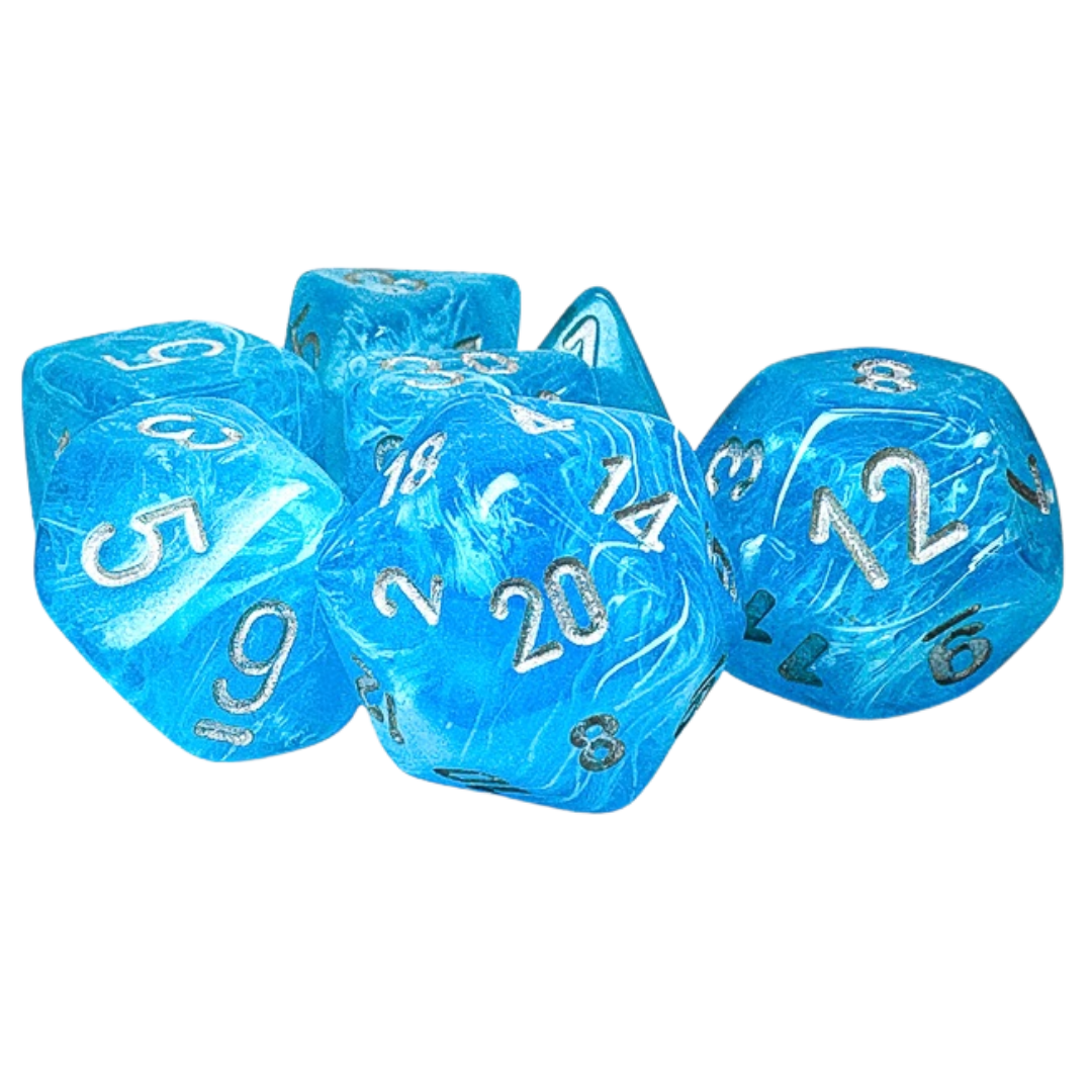 Chessex 7-piece Luminary Mega-Hedral Sky/Silver Pips glow-in-the-dark dice set for tabletop RPGs
