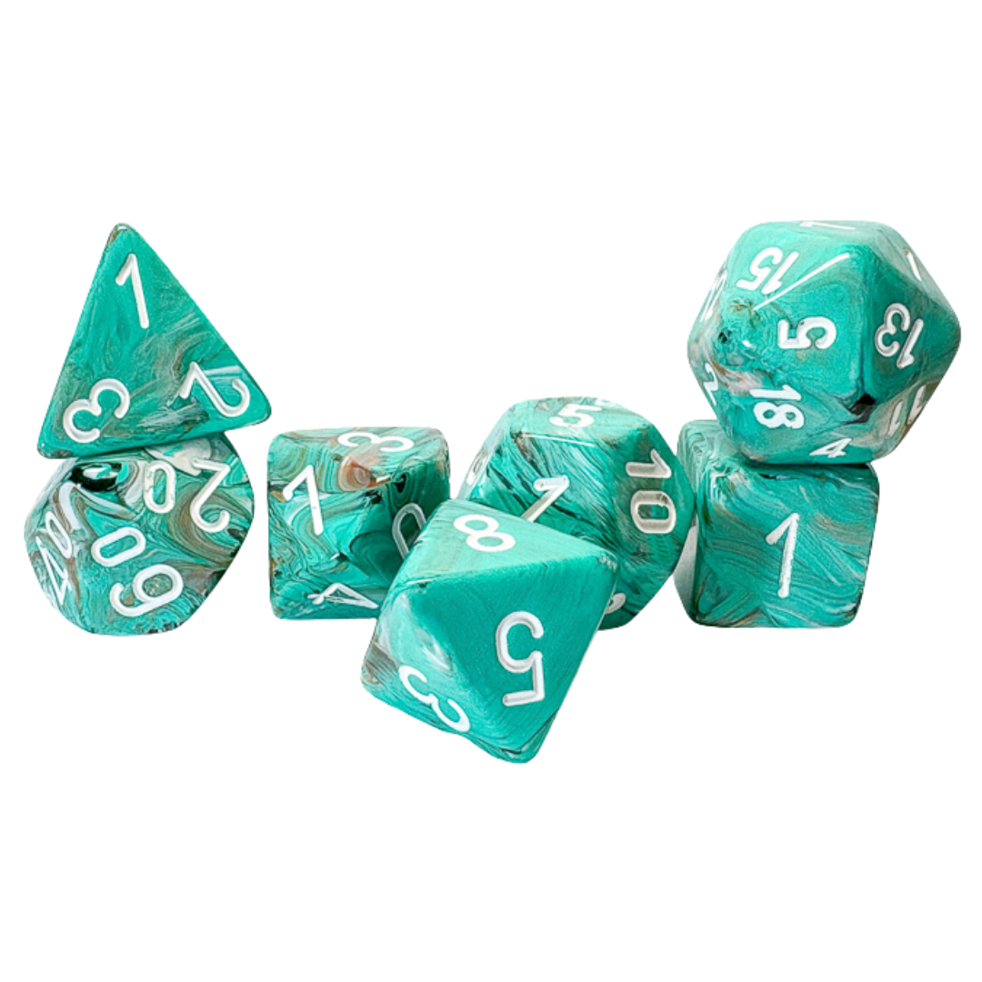 Chessex - 7PC - Marble - Mega-Hedral Oxi-Copper/White Pips