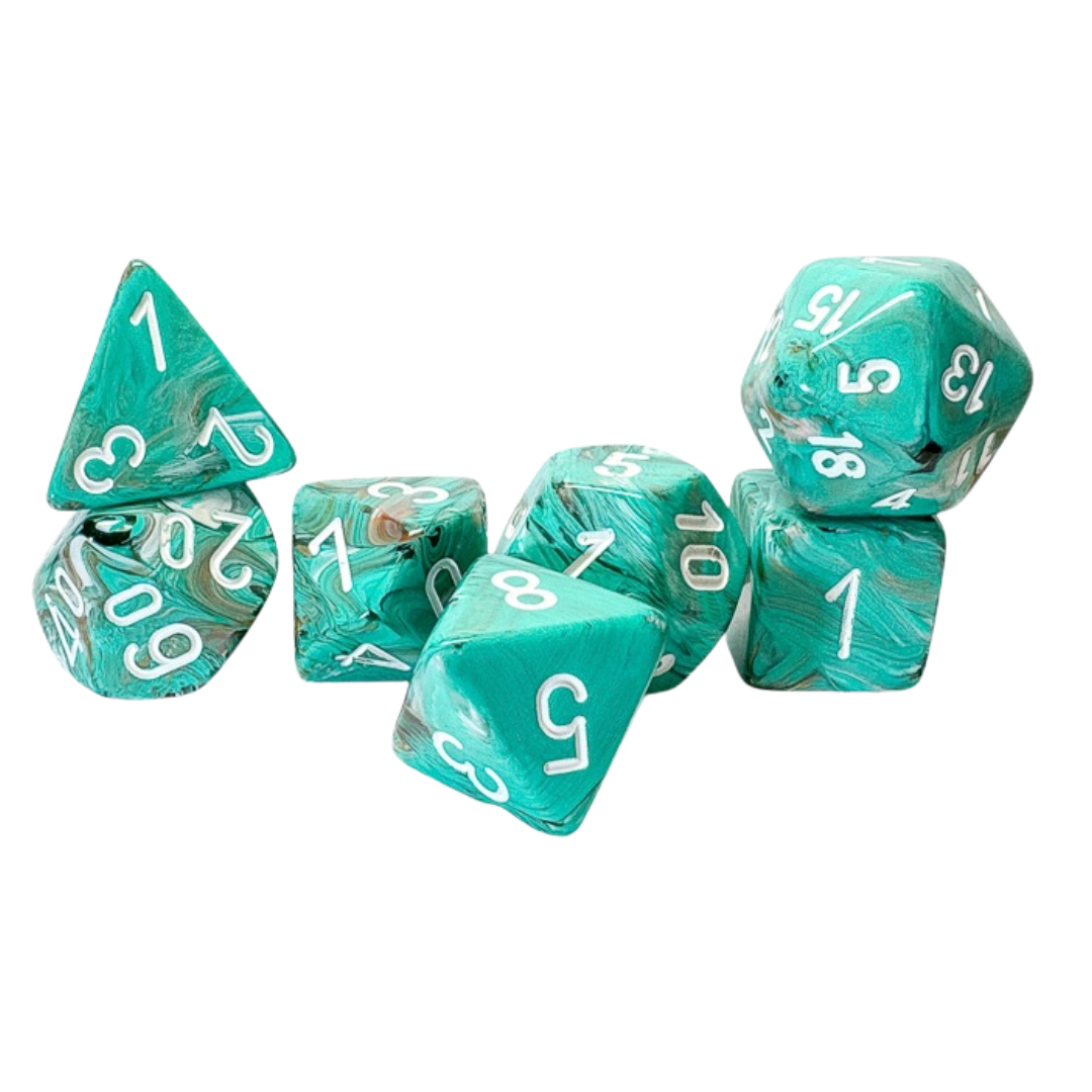 Chessex 7-piece Marble Mega-Hedral Oxi-Copper/White Pips dice set for tabletop gaming