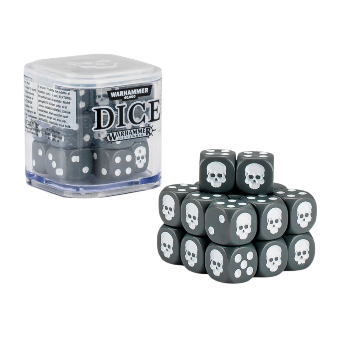 Citadel 12 mm dice set cube with 20 skull‑icon six‑sided dice in assorted colours. This image shows the gray dice variant.