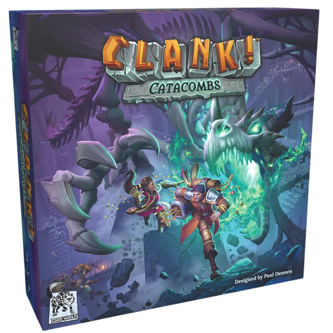 Clank Catacombs standalone deck building adventure game with modular dungeon tiles and dragon theme