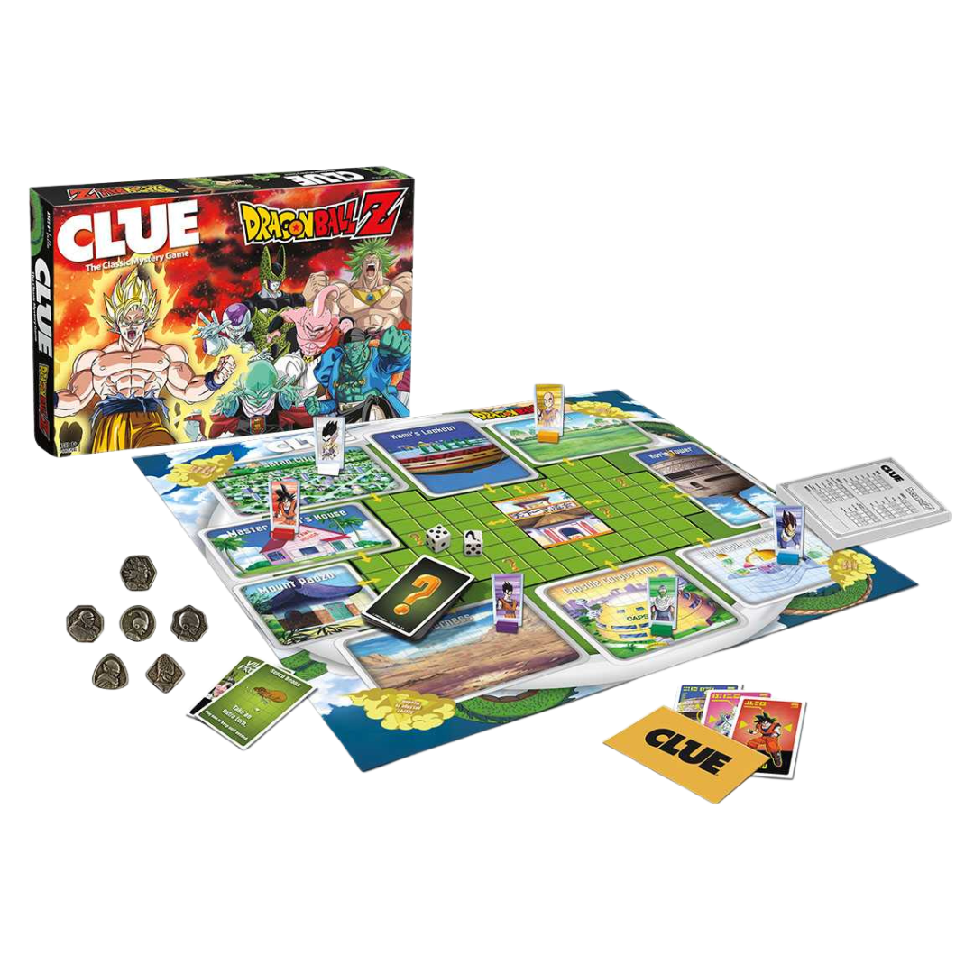 Dragon Ball Z CLUE board game featuring iconic characters and locations from the anime series.