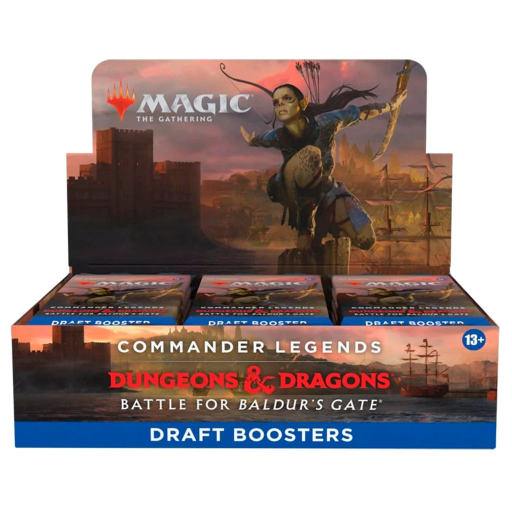Commander Legends: Battle for Baldur’s Gate Draft Boosters, 24-pack of Magic: The Gathering boosters with Legendary cards, foils, and multiplayer deck-building fun.