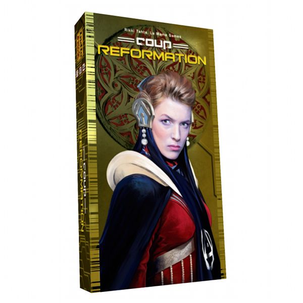 Coup: Reformation expansion for the Coup board game, featuring factions, team play, and new character cards for up to 10 players.
