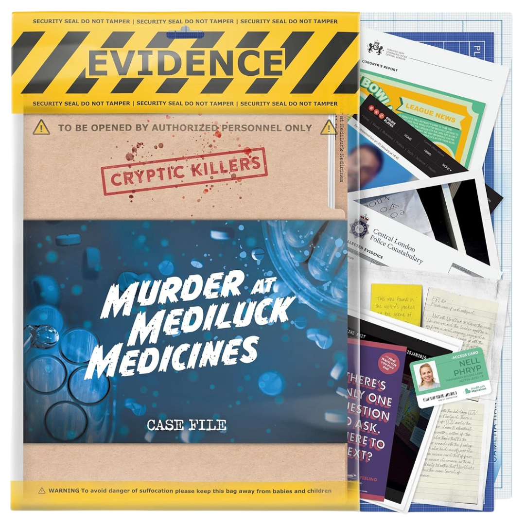 MediLuck Murder Mystery Game, investigative game featuring the murder of Nell Phryp, designed for 1+ players with 180+ minutes of gameplay.
