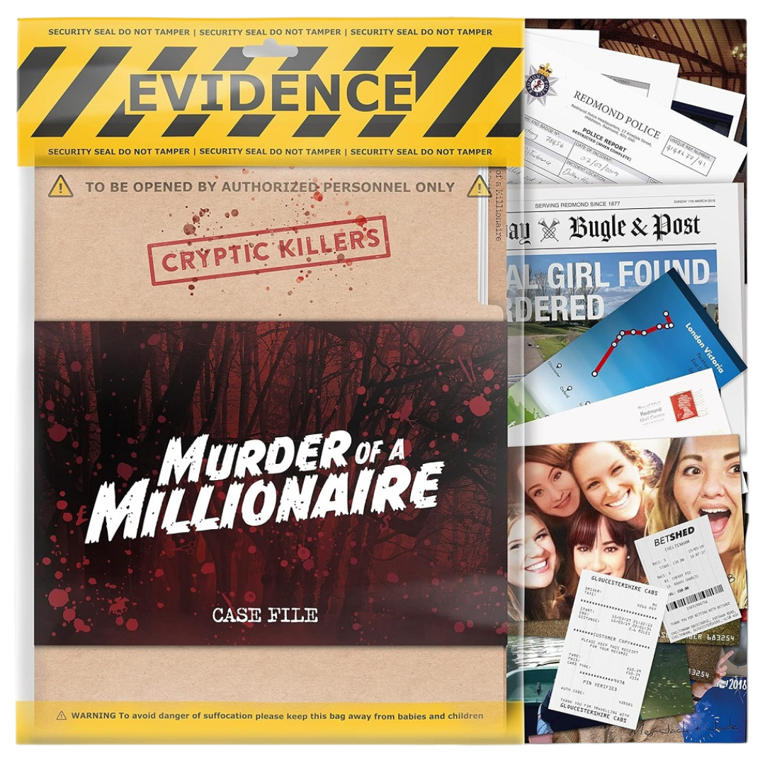 Cryptic Killers: Murder of a Millionaire, thrilling murder mystery game with clues, evidence, and suspects to solve the murder of lottery winner Chloe Whittle.