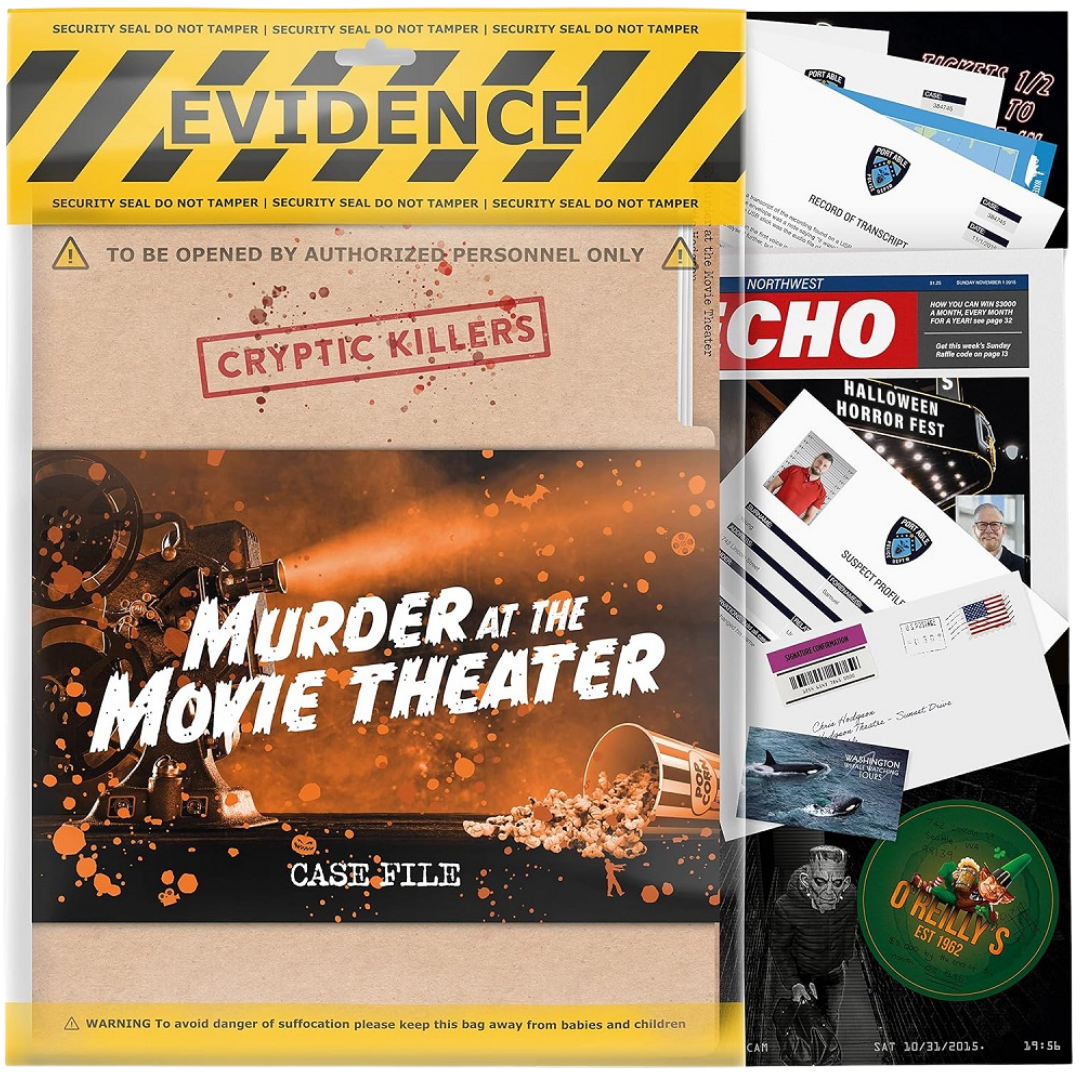 Cryptic Killers: Murder at the movie theatre, thrilling murder mystery game with clues, evidence, and suspects to solve the murder of chris hodgson