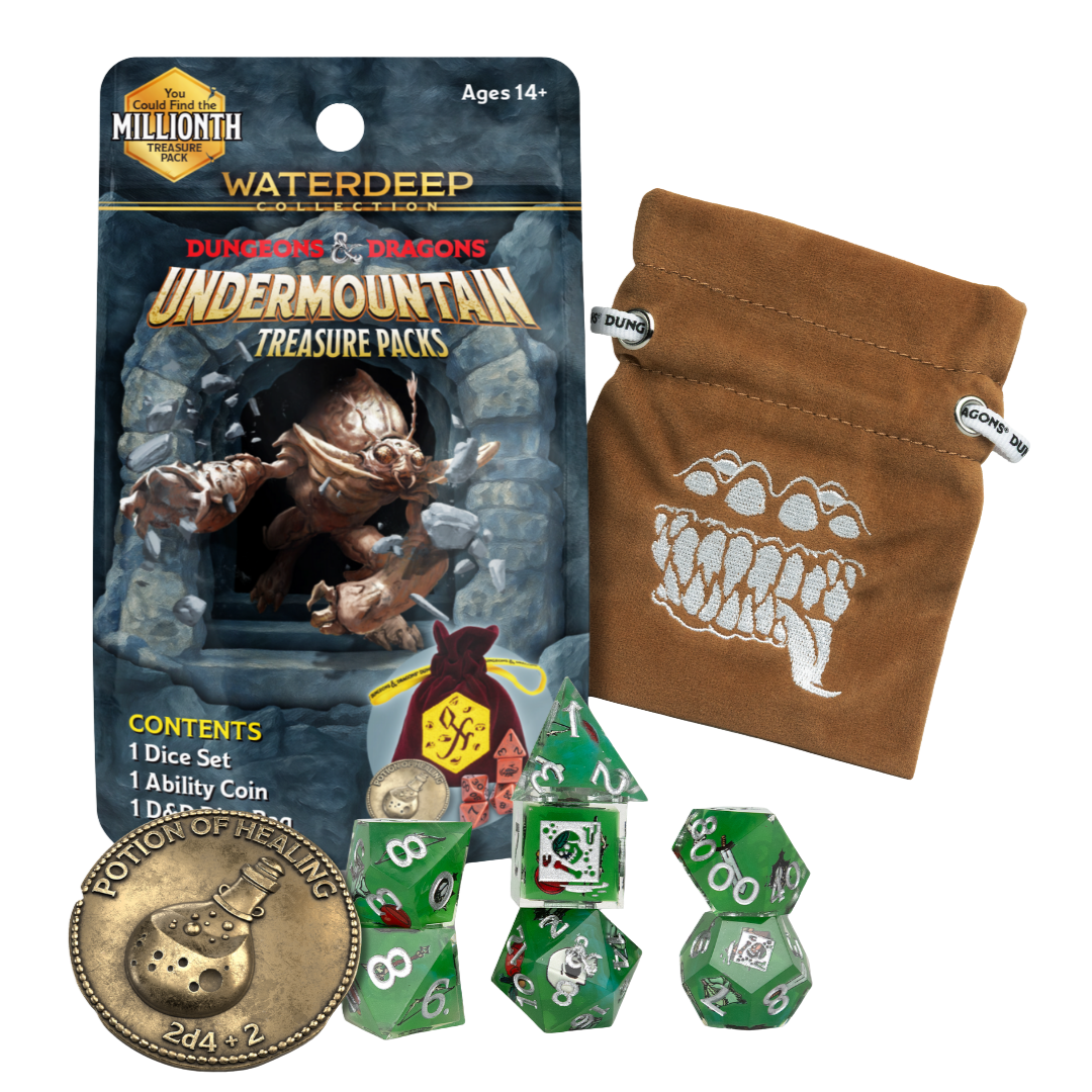 Dungeons & Dragons Undermountain Treasure Packs with dice set, collectible coin, and embroidered dice bag in mystery packaging