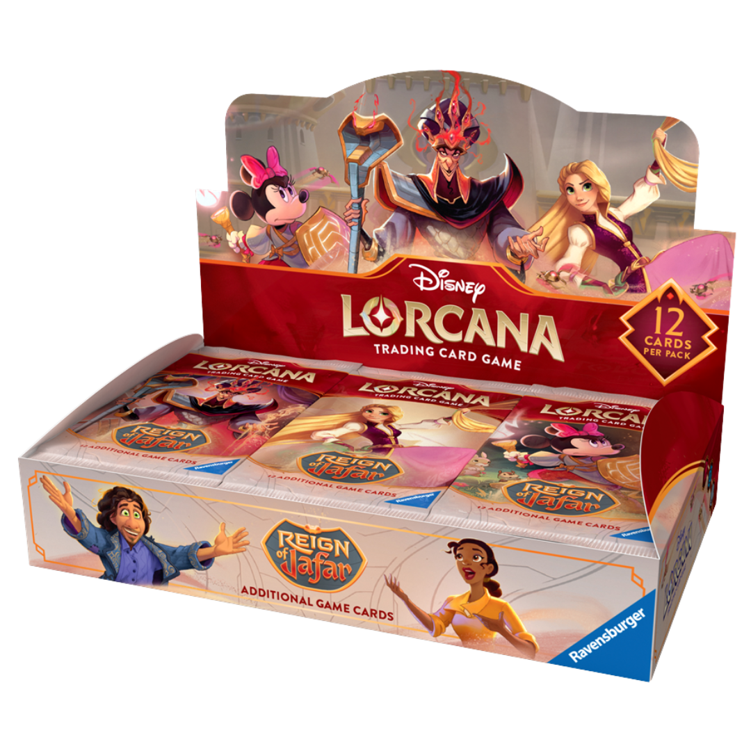 Disney Lorcana Reign of Jafar Booster Box, 24-pack sealed TCG box featuring new Disney characters, mechanics, and collectible cards for Lorcana fans and players.