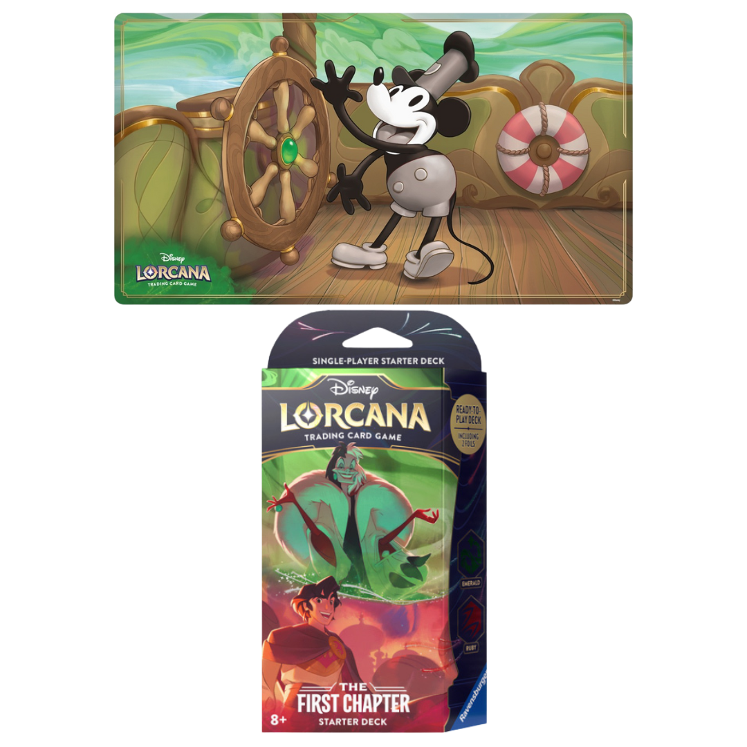 Disney Lorcana First Chapter Starter Bundle with Mickey playmat and Cruella x Aladdin Emerald Ruby starter deck