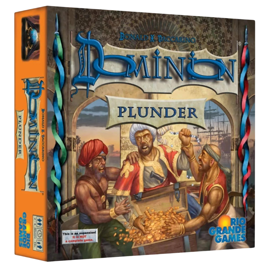 Dominion Plunder expansion featuring new treasure cards, attacks, and strategic gameplay elements for the classic deck-building game.