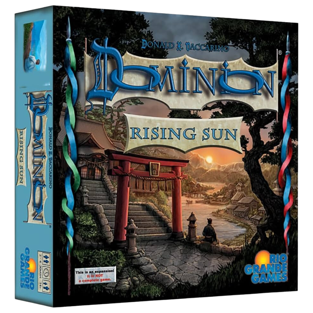 Dominion: Rising Sun expansion box with Eastern-inspired artwork, showcasing new cards, mechanics, and components for the deck-building strategy game.