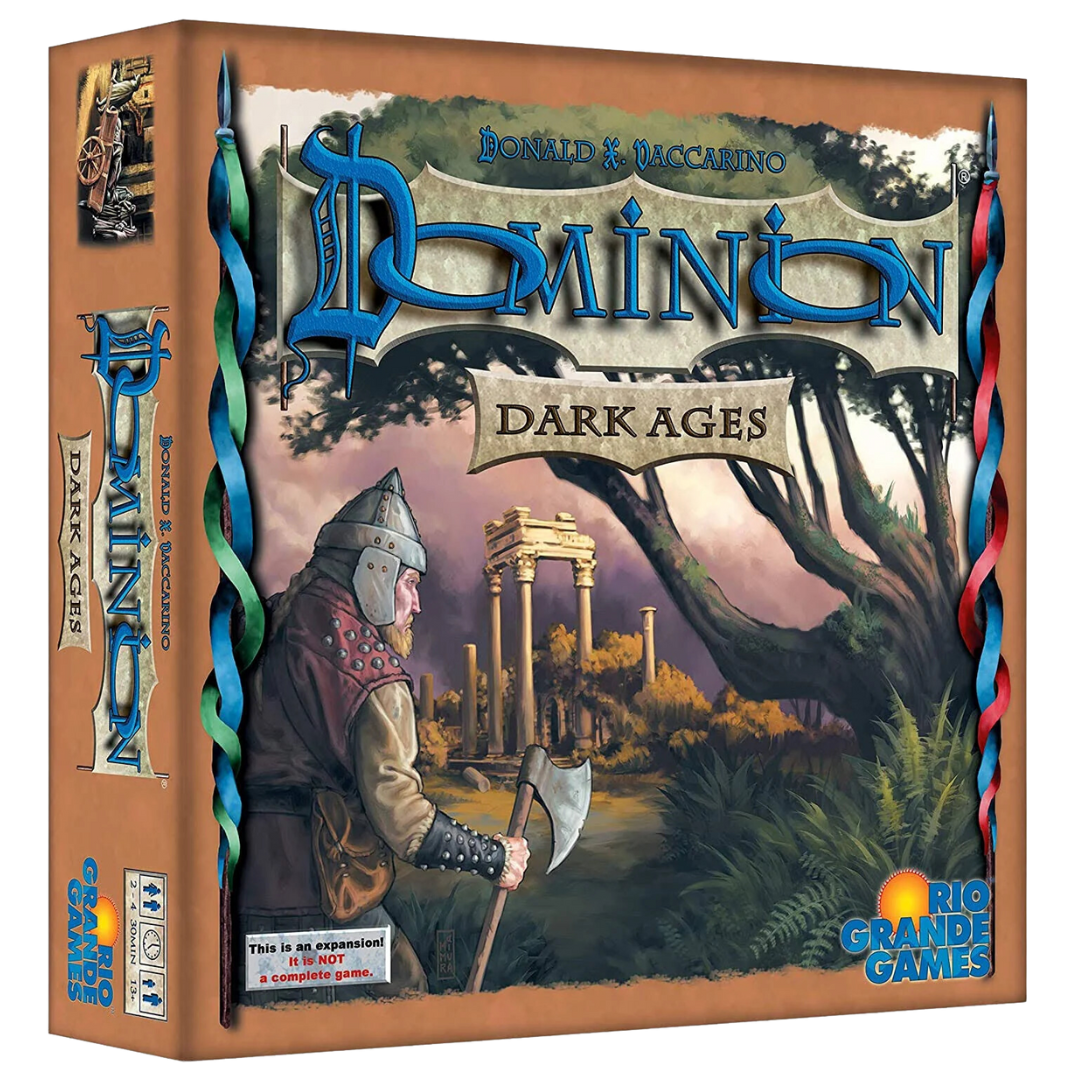 Dominion: Dark Ages board game expansion featuring 500 cards, Shelters, and new mechanics focusing on decay, recovery, and upgrading resources.