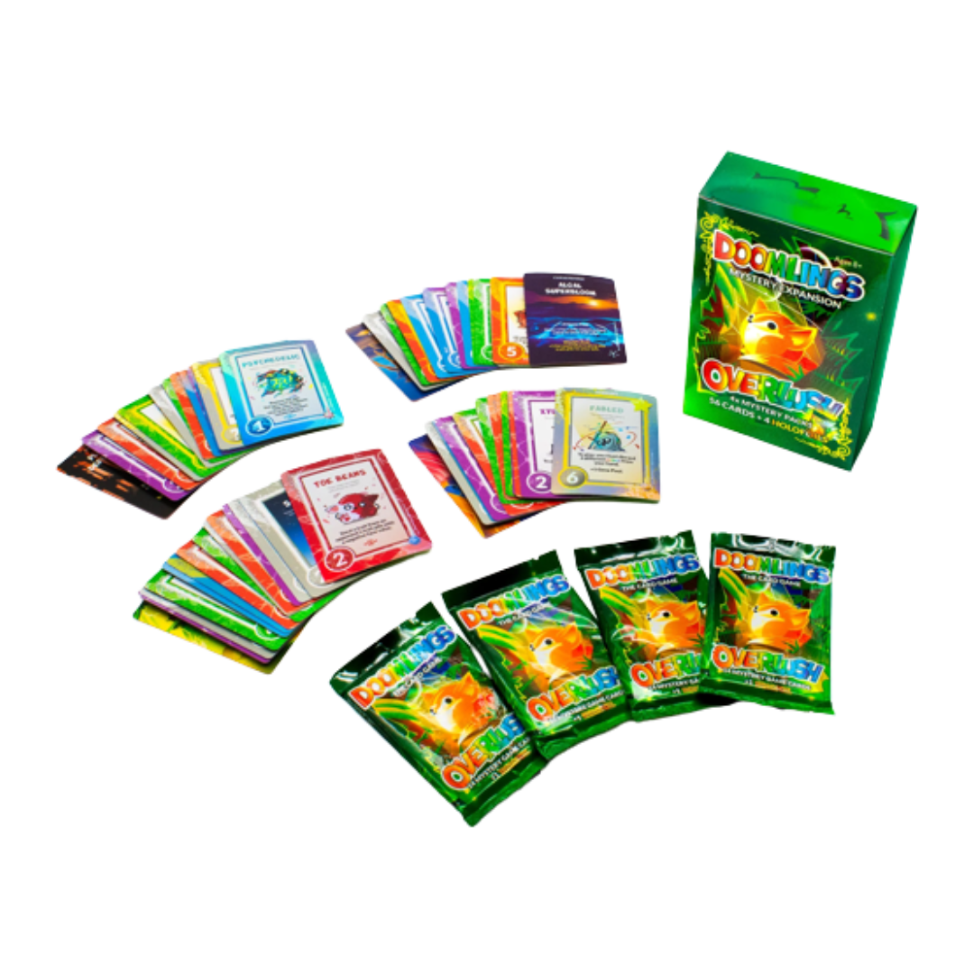 Doomlings Overlush Mystery 4-Pack Box, expansion with four sealed packs and 60 cards total, for the Doomlings card game