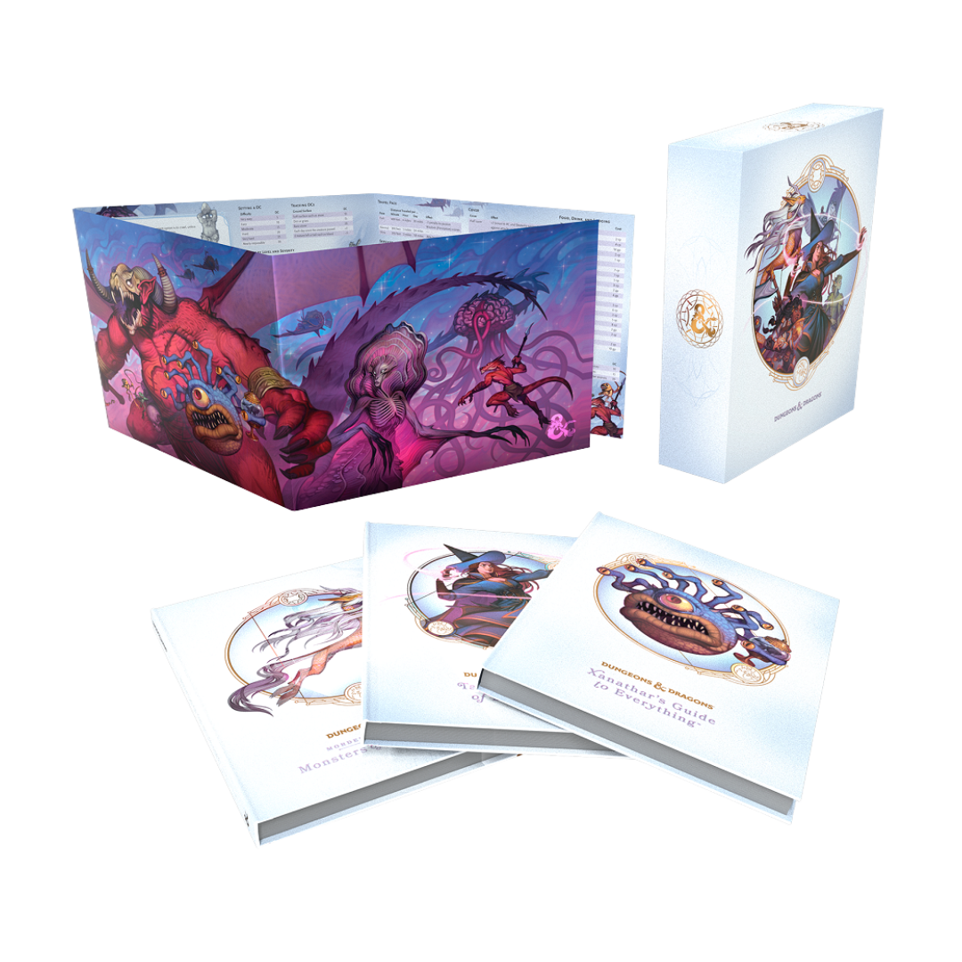 Dungeons & Dragons Fifth Edition Rules Expansion Gift Set Alternate Cover featuring Xanathar’s Guide to Everything, Tasha’s Cauldron of Everything, Monsters of the Multiverse, and a Dungeon Master’s screen in a stunning foil slipcase.