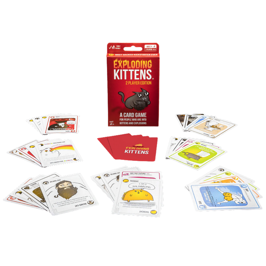 Exploding Kittens 2-Player Edition card game box with vibrant artwork, designed for fast-paced, competitive fun for two players.