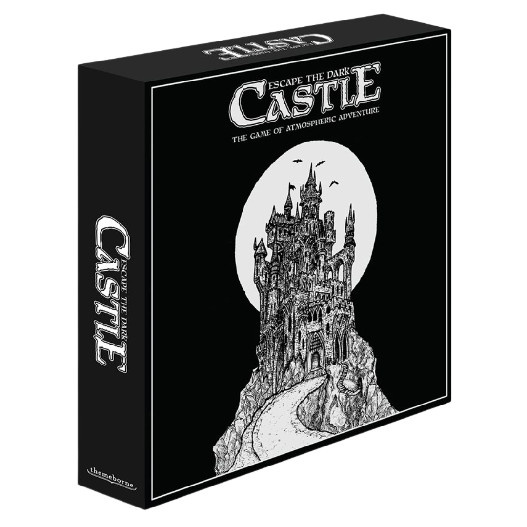 Escape the Dark Castle board game box featuring bold black-and-white artwork and gothic adventure theme — free shipping on orders over $199.