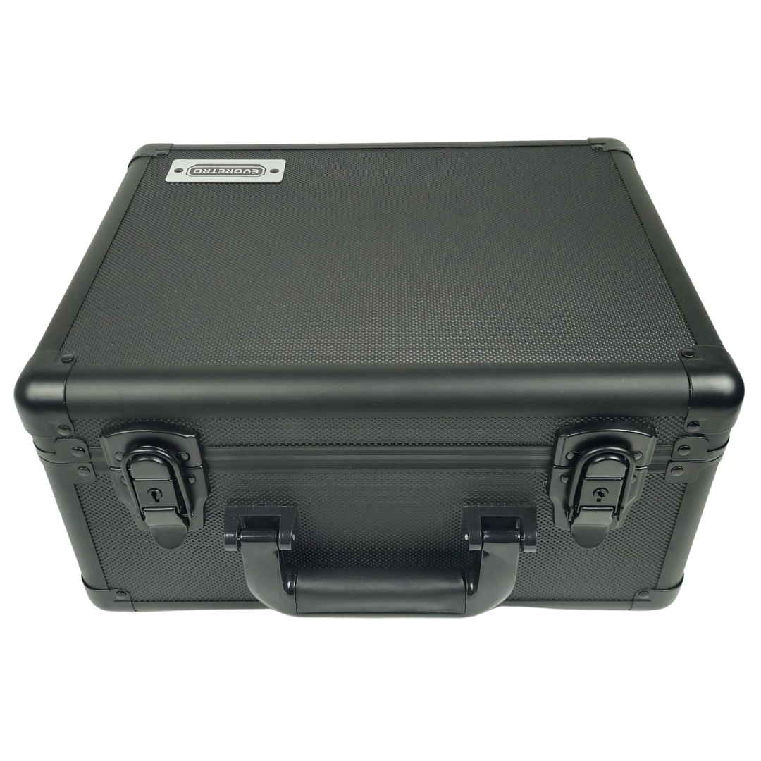Closed Evoretro Black Aluminum Graded Card Storage Case with TSA Lock, designed to hold up to 90 graded trading cards securely. Free shipping on orders over $199.