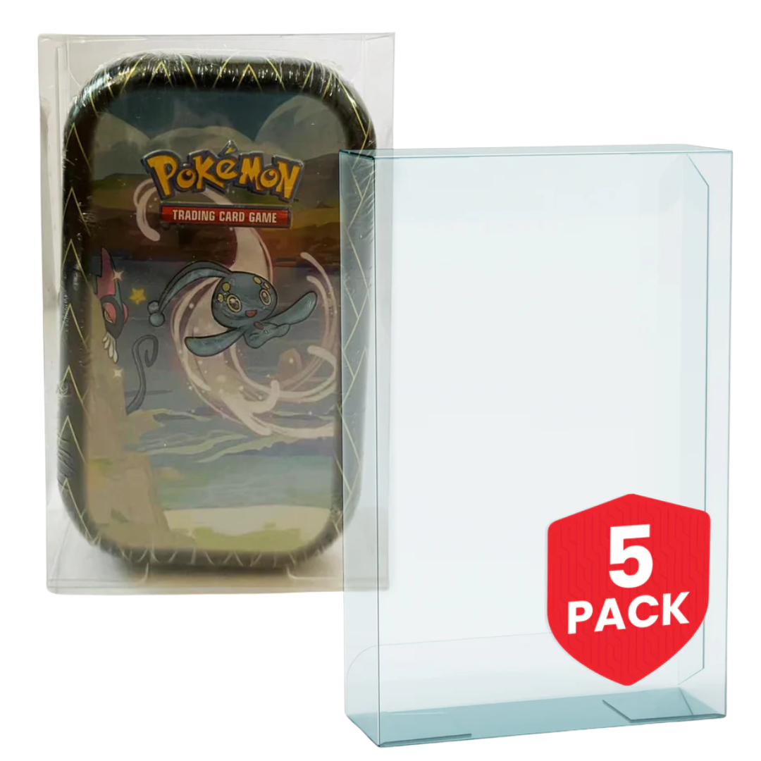 Evoretro PET Protector 5-Pack for Pokémon Mini Tins – crystal-clear, durable cases for secure storage and display.