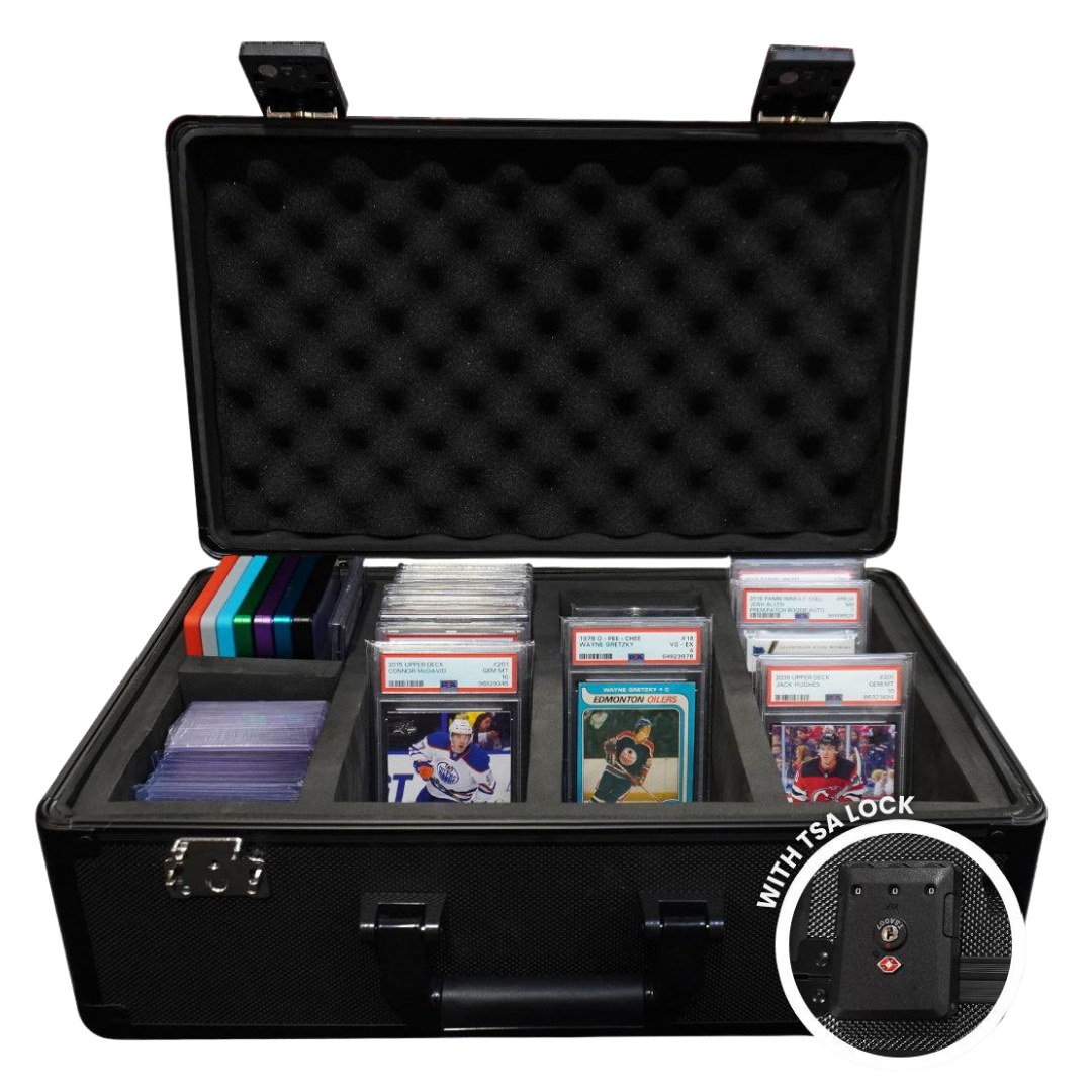 Evoretro black aluminum 4-row graded card storage case with TSA lock for up to 120 cards