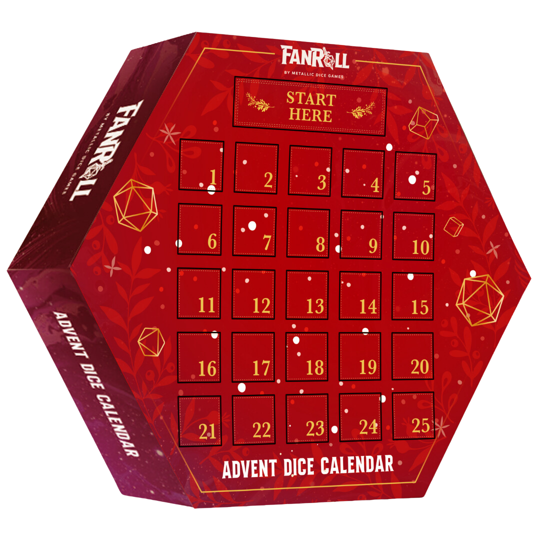 FanRoll Advent Dice Calendar with 25 days of holiday-themed dice surprises, featuring a festive hexagonal box design and numbered compartments for exclusive collectible dice.