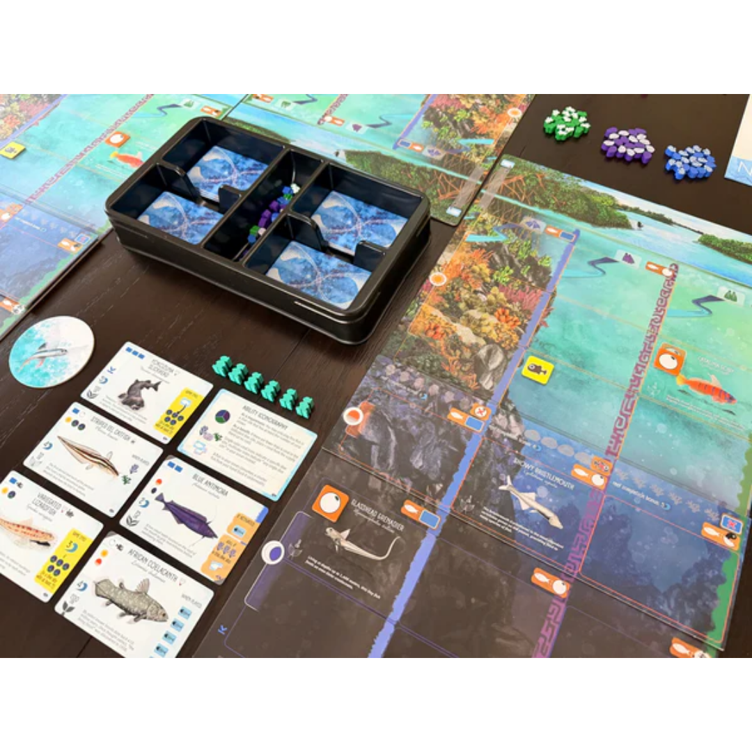 Finspan Sharks and Reefs Expansion with fish cards coral tokens reef mats and ocean strategy gameplay