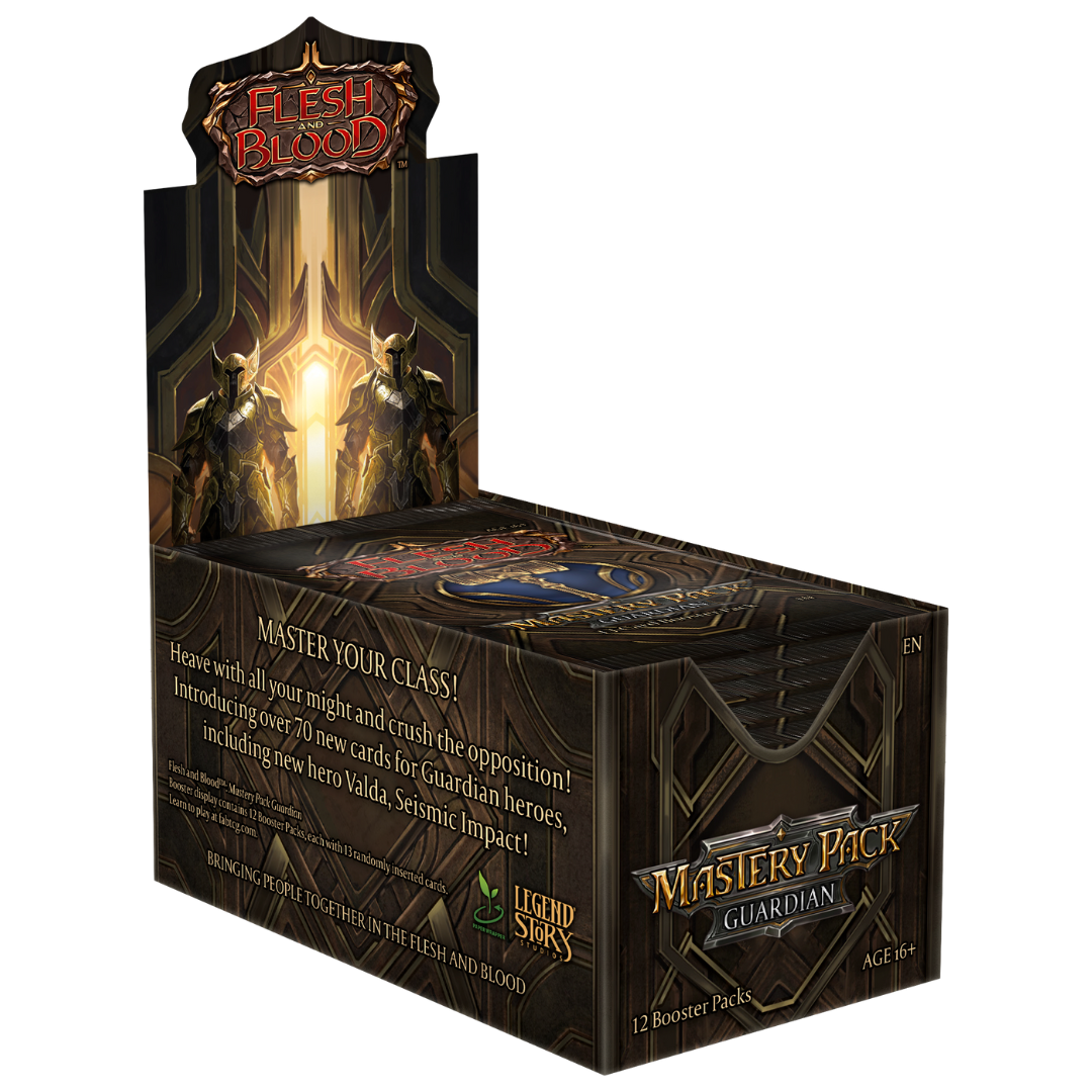 Flesh & Blood Mastery Pack Guardian Booster Box display with golden packaging and class icon designs