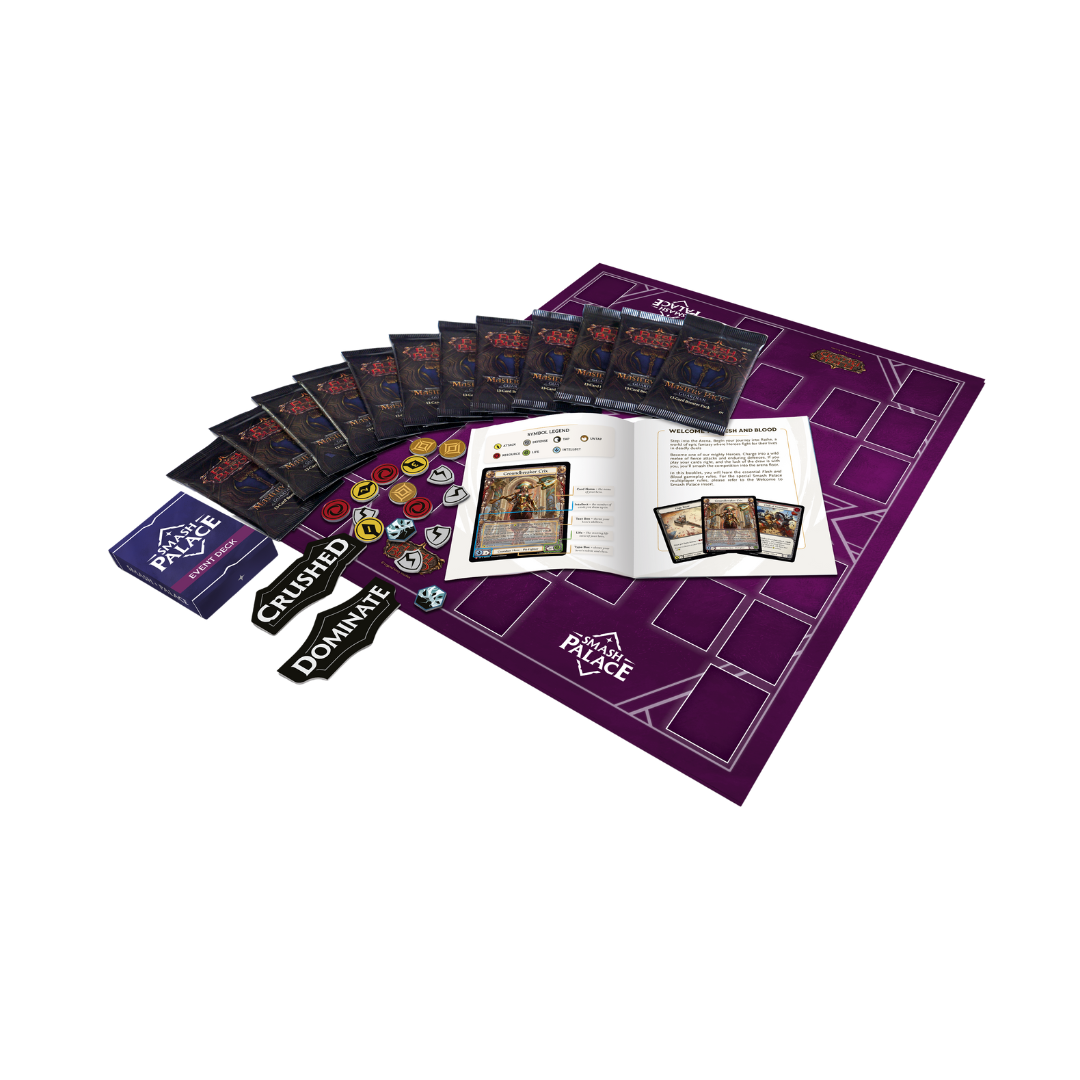 Flesh and Blood Smash Palace box contents with Mastery Pack boosters, event deck, hero cards, tokens, rulebook, and two-player game arena