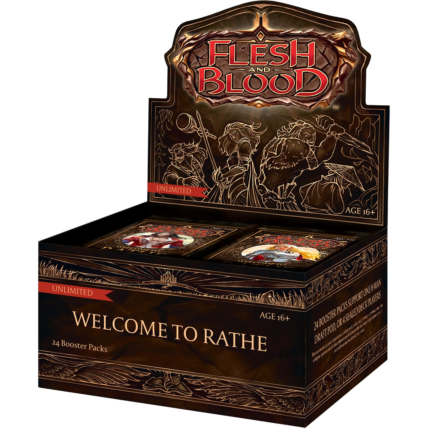 Flesh and Blood TCG booster display box featuring 24 packs filled with rare, majestic, legendary, and foil cards for epic battles and strategic deck-building.