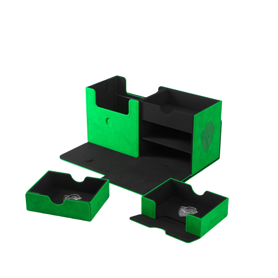 Gamegenic Academic XL Green Black deck box open with drawers and compartments for cards and accessories
