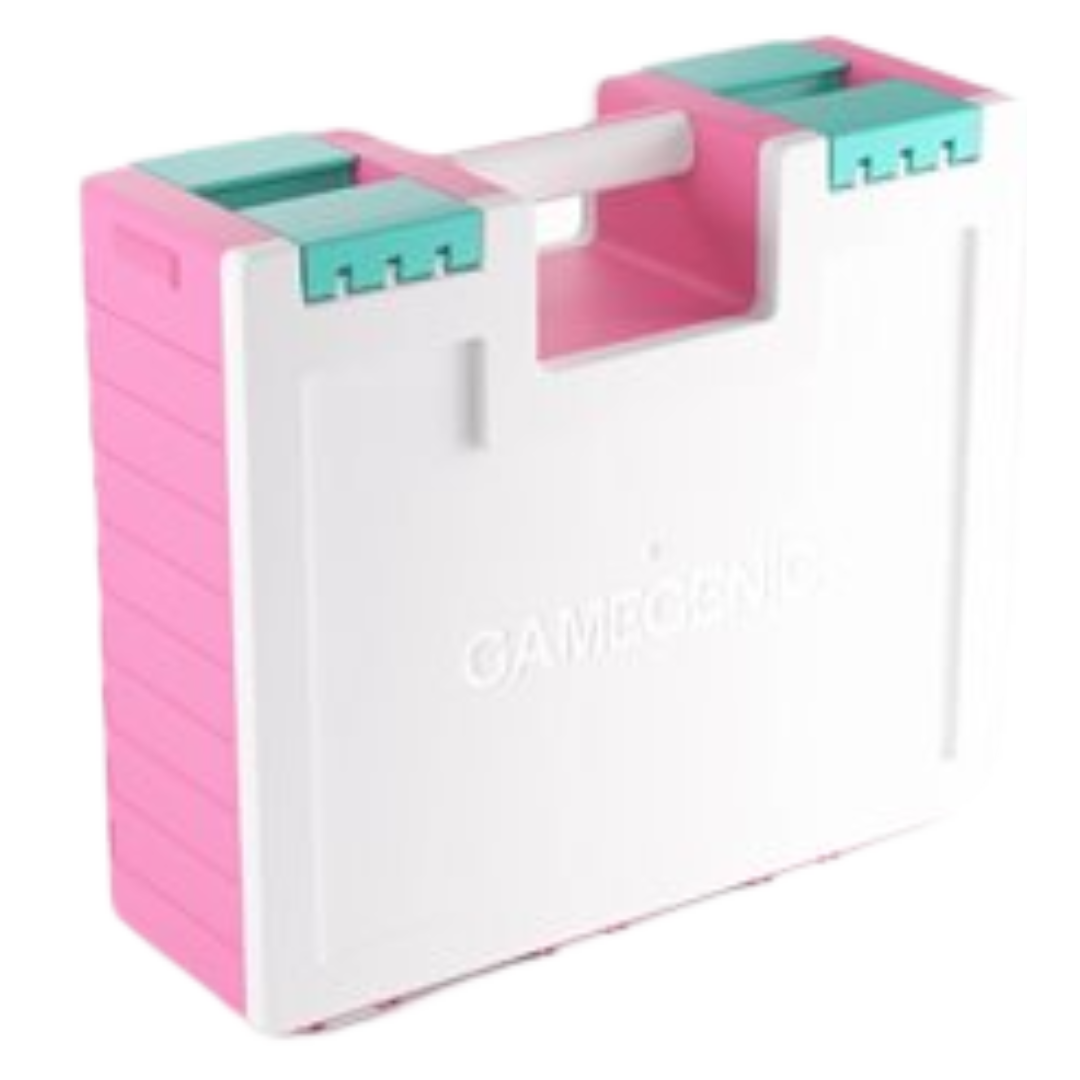 Gamegenic Game Castle Pink/White/Teal, modular trading card and accessory storage box with colorful design and stackable clear-front drawers.
