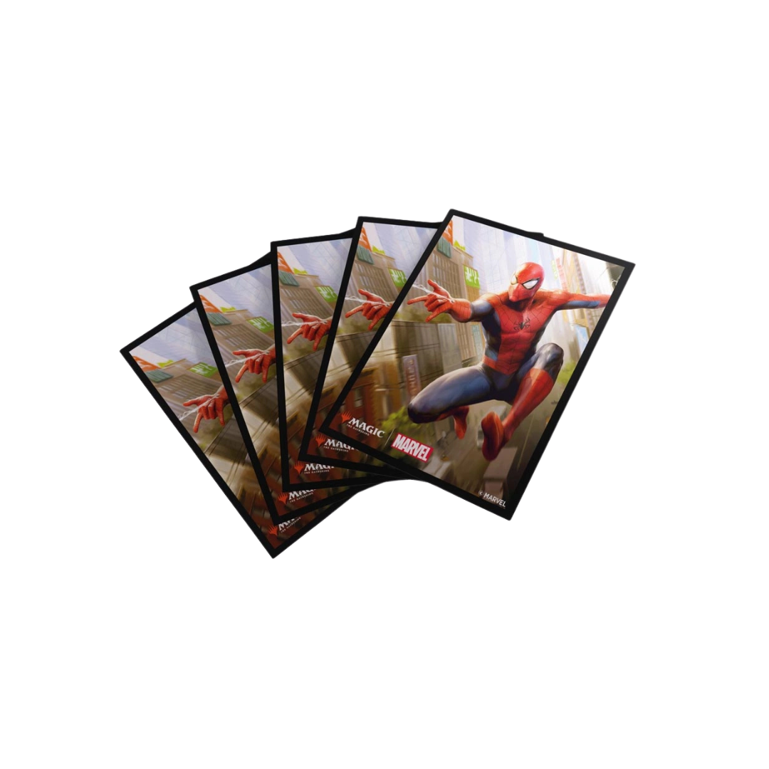 Gamegenic Spider-Man Art Sleeves fan spread, MTG standard size, textured matte backs and clear fronts, pack of 105