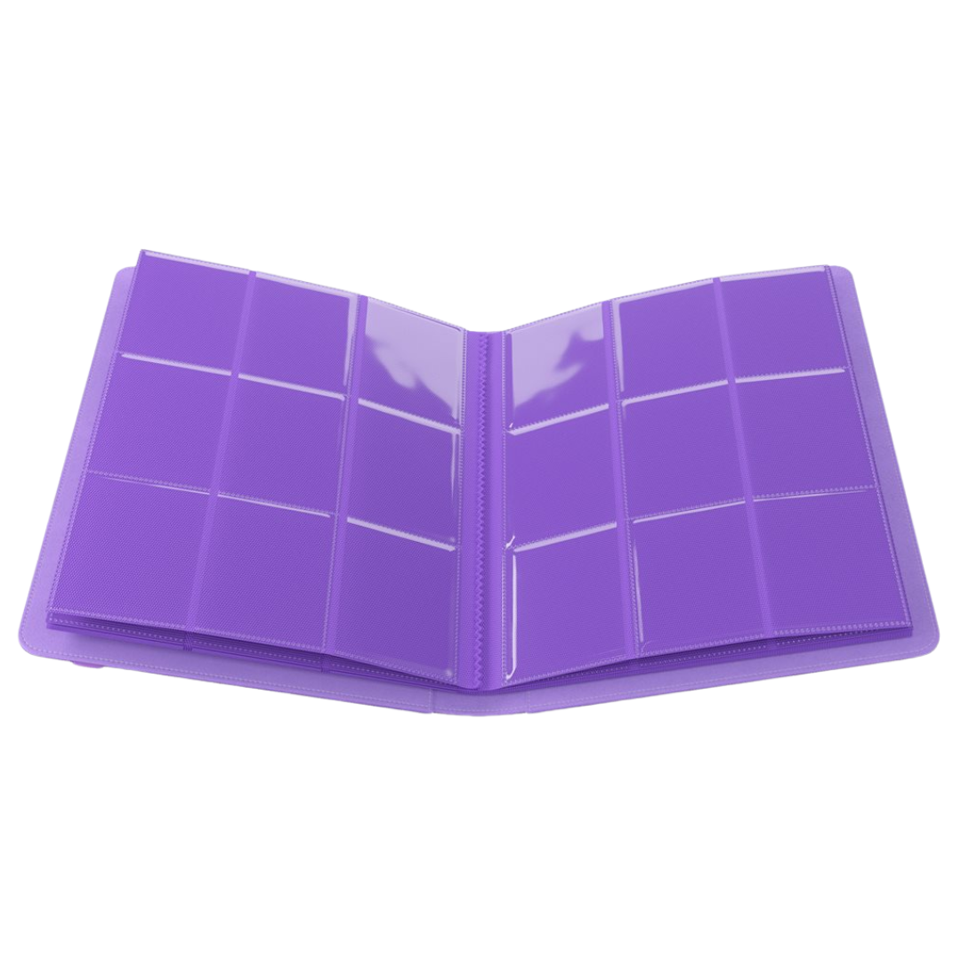 Purple Gamegenic 18-pocket Prime album lying flat with visible rigid cover and secure side-loading pockets