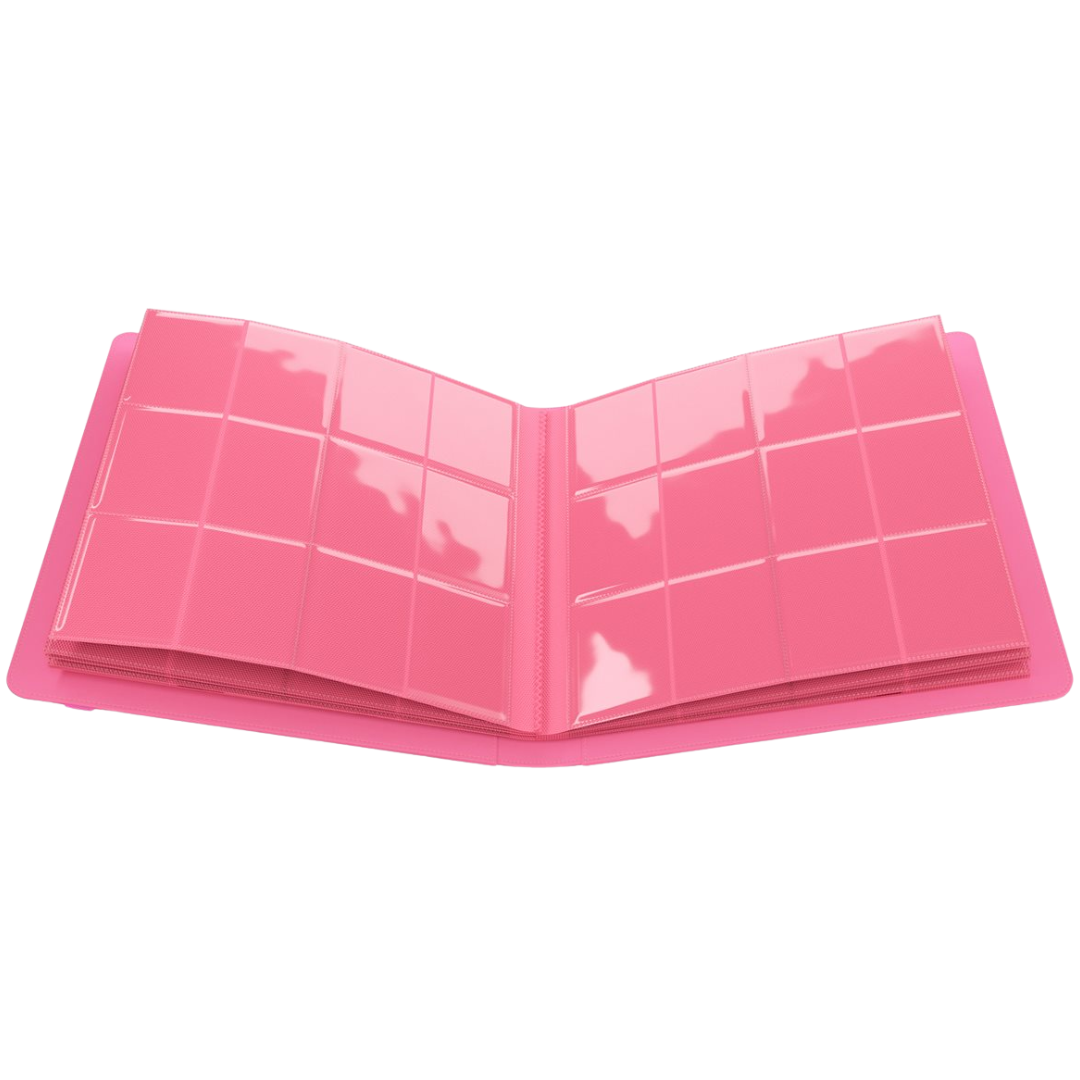 Open Gamegenic 24-pocket pink Prime album showing card storage pages with four rows of side-loading pockets