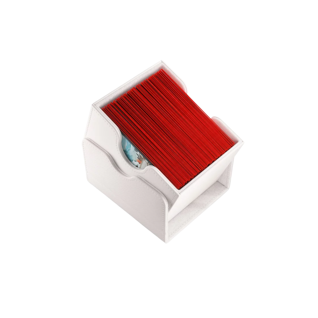 Gamegenic Sidekick Convertible XL deck box in white, designed to hold 100 double-sleeved trading cards with secure magnetic closure.