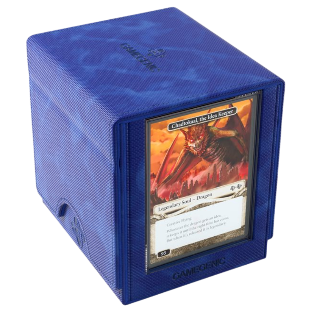 Open Gamegenic Sidekick Pro Convertible XL blue deck box showing Slide Card Case, accessory drawer, and card storage compartment