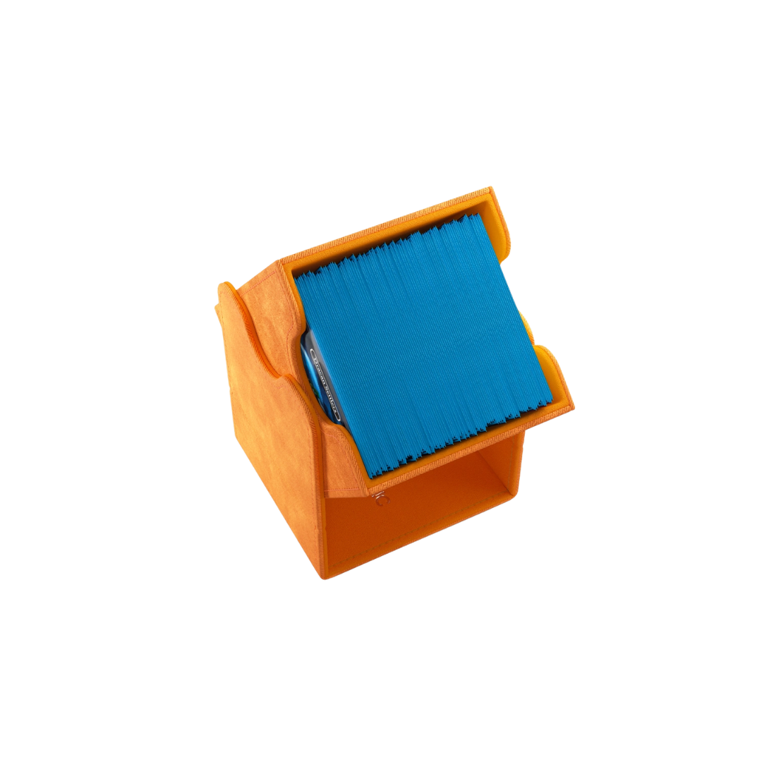 Gamegenic Squire Convertible XL deck box in orange, premium TCG storage for 100+ double-sleeved cards, modular design with strong magnetic closure.