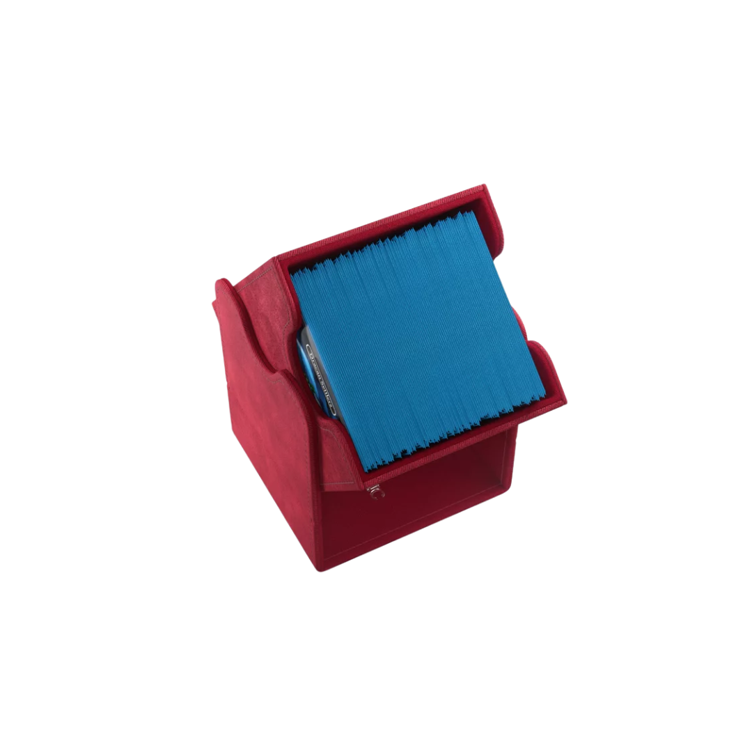 Gamegenic Squire Convertible XL Red deck box, holds 100 double-sleeved TCG cards, premium storage with microfiber lining and magnetic closure.