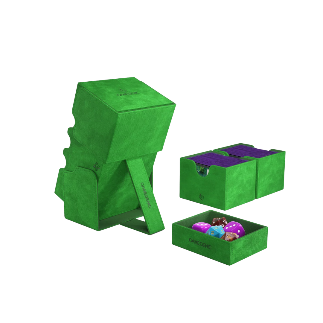 Gamegenic Stronghold Convertible XL Green deck box, holds 200+ double-sleeved TCG cards, premium storage with microfiber lining, magnetic closure, and convertible lid.