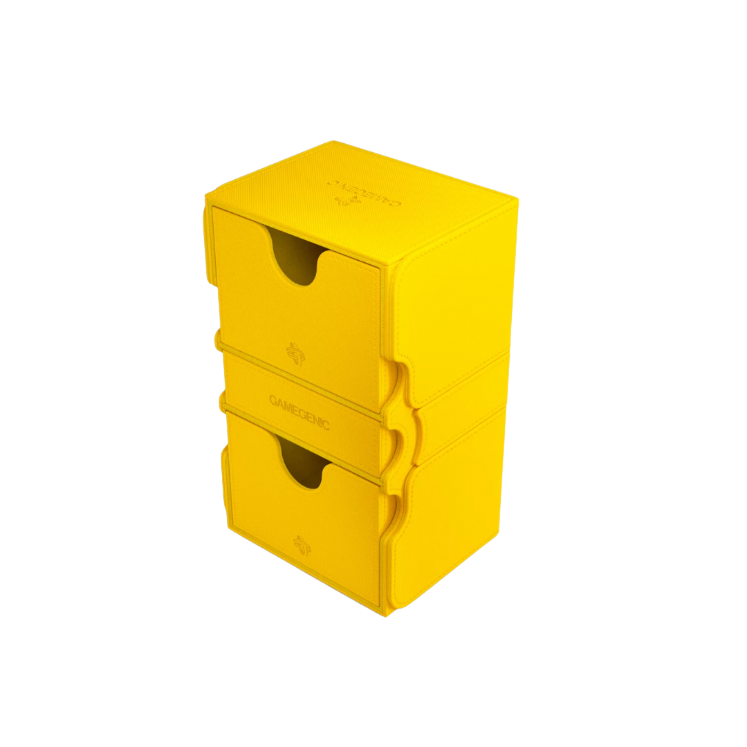 Gamegenic Stronghold Convertible XL deck box in yellow, large TCG storage for 200+ double-sleeved cards, modular design with secure magnetic closure.