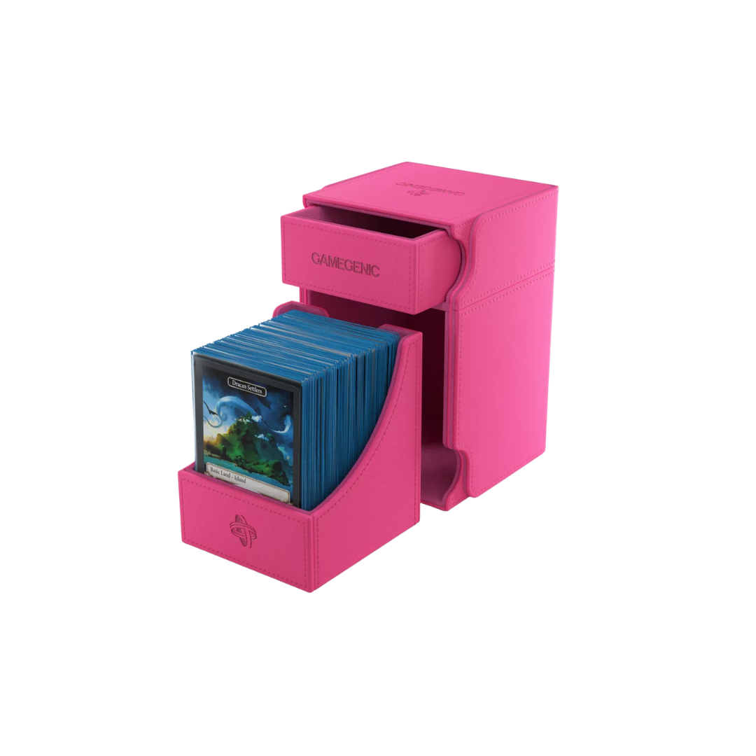 Gamegenic Watchtower Convertible XL Pink deck box, holds 100+ double-sleeved TCG cards, premium storage with accessory drawer, microfiber lining, and magnetic closure.