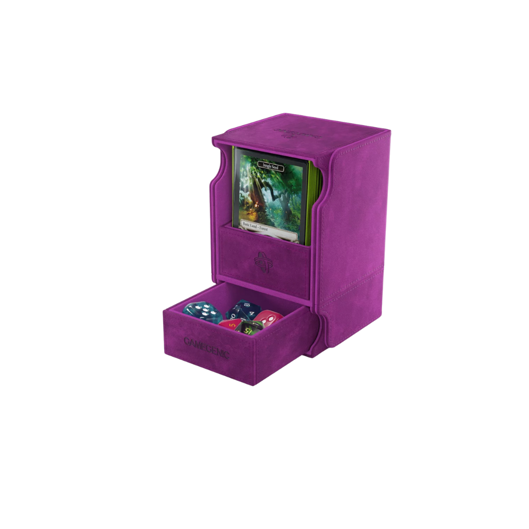 Gamegenic Watchtower Convertible XL deck box in purple, holds 100+ double-sleeved cards, includes dice tray and storage, premium TCG and board game accessory.