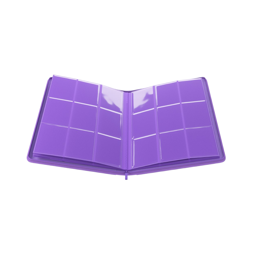 Gamegenic 18-pocket purple zip-up album for trading cards with Nexofyber surface and microfiber lining
